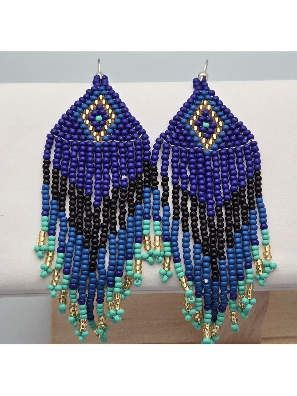 Handmade Seed Bead Fringe Earrings Blue Gold Turquoise Boho Dangle